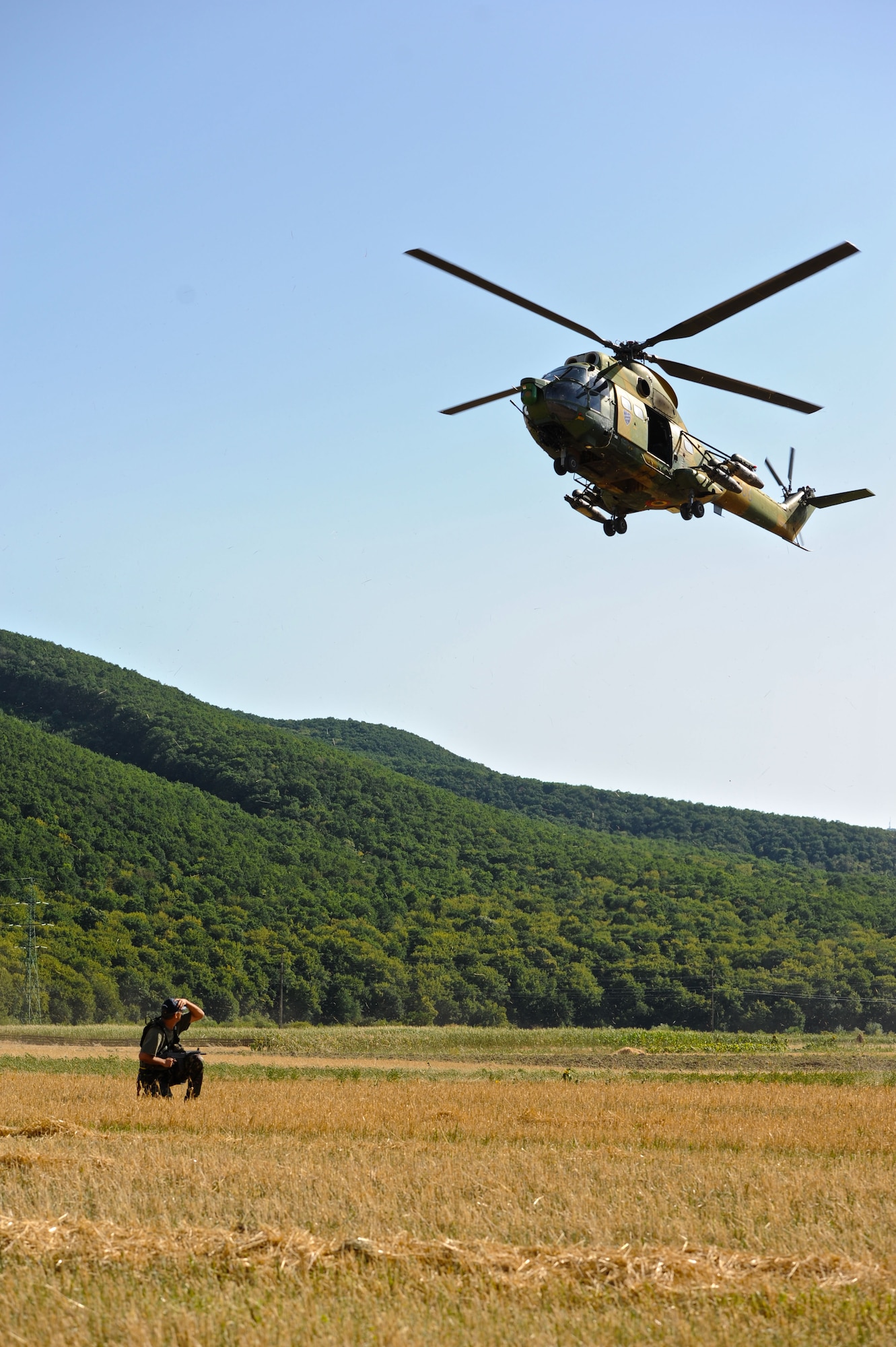 CAMPIA TURZII, Romania -- A Romanian air force IAR 330 helicopter prepares to land after a Romanian air force special forces member clears the area of threats during a combat search and rescue training mission a part of the Dacian Thunder exercise July 19 here. Pilots of 81st Fighter Squadron A-10 Thunderbolt IIs exchanged techniques and worked with the helicopter pilots to rescue a survivor in this training mission. This mission is part of Dacian Thunder, a month-long-long partnership building exercise in which the U.S. Air Force, Romanian air force, U.S. Marine Corps and the Royal Air Force exchange techniques, tactics and procedures to strengthen coalition and joint capabilities. (U.S. Air force photo by Senior Airman Natasha Stannard/Released)