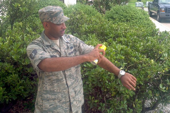 Staff Sgt. KeAndre Stanton, 8th Fighter Wing, uses insect repellant during the hot summer months in South Korea. As a best practice, Airmen should take personal initiative to protect themselves from mosquitoes and insects. (U.S. Air Force photo/Senior Airman Jessica Hines)