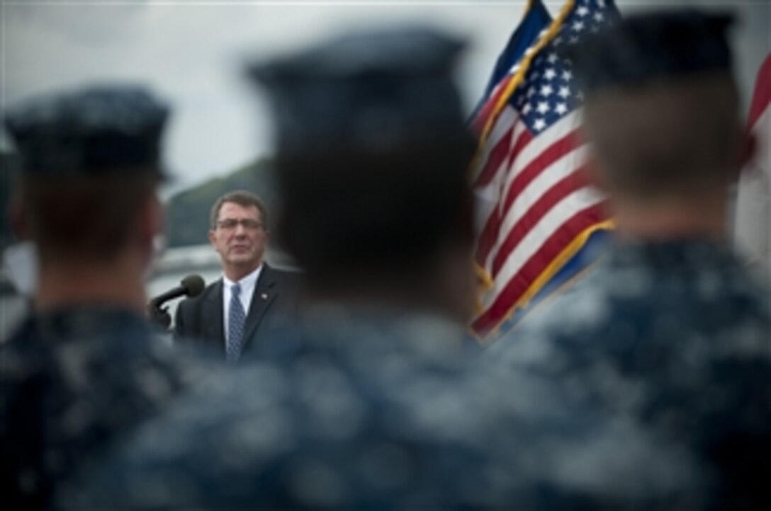 Deputy Secretary of Defense Ashton B. Carter addresses the officers and crew of the USS Blue Ridge (LCC 19) moored in Yokosuka, Japan, on July 21, 2012.  Japan is the third stop for Carter in a 10-day Asia-Pacific trip with stops in Hawaii, Guam, Thailand, India and South Korea.  