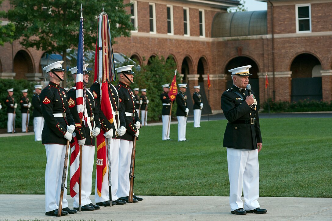 Lt. Gen. Dennis Hejlik, commanding general of Marine Forces Europe and U.S. Marine Corps Forces Command, speaks during his retirement ceremony at Marine Barracks Washington July 23.