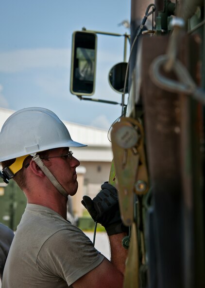 Airman 1st Class Matthew Buxkemper secures a tie-down strap for a TPS-75 radar set antenna in support of a 728th Air Control Squadron deployment readiness exercise called Bison Fury July 24 at Eglin Air Force Base, Fla.  This exercise marks the last large-scale exercise for the squadron, which is scheduled to be deactivated in 2013.  (U.S. Air Force photo/Samuel King Jr.)