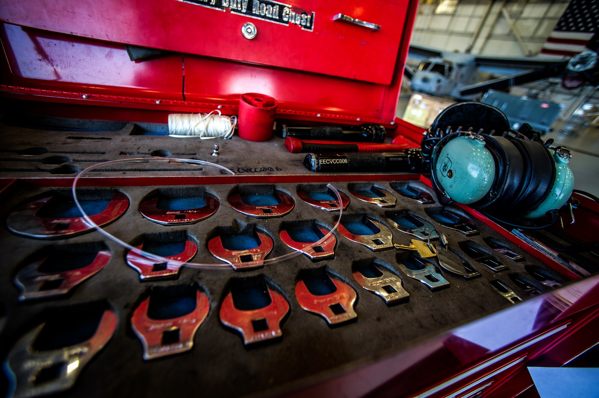 A set of tools used by the Airmen of the 801st Special Operations Aircraft Maintenance Squadron is organized for us at the Freedom Hangar on Hurlburt Field, Fla., July 17, 2012. The 801st SOAMXS first established itself on Hurlburt Field as the 16th Logistics Group Oct. 1, 1995. (U.S. Air Force photo/Airman 1st Class Christopher Williams)(Released)