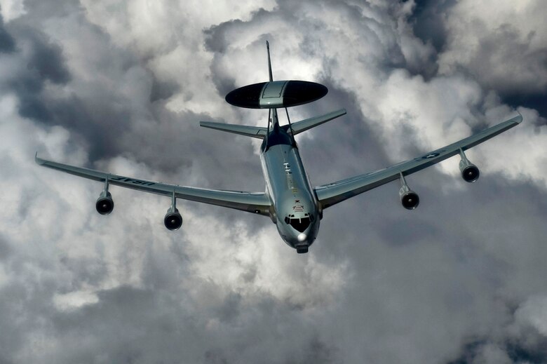 A U.S. Air Force E-3 Sentry from the 965th Airborne Air Control Squadron approaches a KC-135 Stratotanker from the 964th Airborne Air Control Squadron, both assigned to Tinker Air Force Base, Okla., to refuel during Red Flag 12-4 July 20, 2012, over the Nevada Test and Training Range. The Sentry provides all-weather surveillance, command, control and communications during the exercise. (U.S. Air Force photo by Airman 1st Class Daniel Hughes)