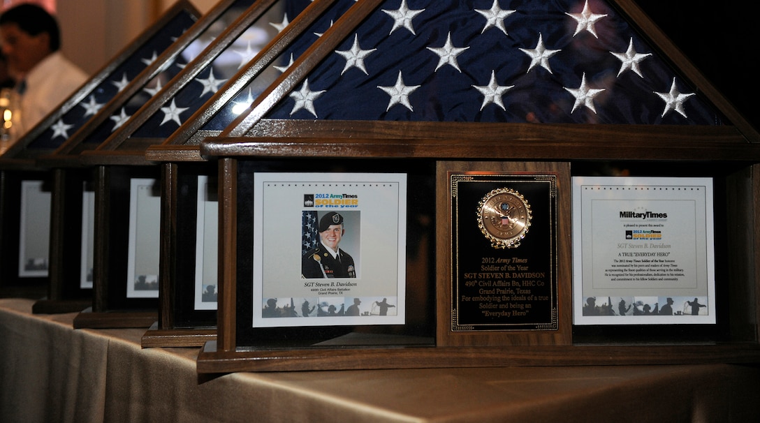 The set of awards await presentation prior to the 2012 Military Times Service Members of the Year Awardsawards ceremony July 19, 2012, in Washington, D.C. at the Cannon House Office Building, where the Air Force honoree, Master Sgt. Brandon Lambert of the 728th Air Control Squadron, Eglin Air Force Base, Fla., is recognized for his service. on July 19, 2012, in Washington, D.C.  Air Force Chief of Staff Gen. Norton Schwartz; Army Vice Chief of Staff Gen. Lloyd Austin III; Chief of Naval Personnel and Deputy Chief of Naval Operations Vice Admiral Adm. Scott Van Buskirk; U.S. Coast Guard's Deputy Commandant for Mission Support Vice Admiral Adm. Manson Brown; and the Director of Marine Corps Staff Lt. Gen. Willie Williams presented the awards to the recipients in from their respective services.  (U.S. Air Force photo/Scott M. Ash)