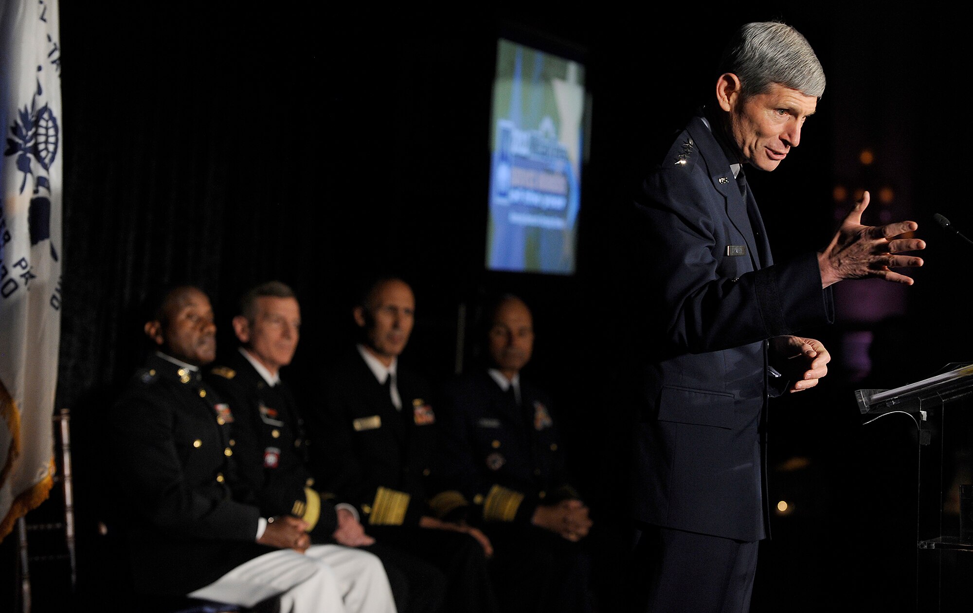 Air Force Chief of Staff Gen. Norton Schwartz gives opening remarks to attendees of the 2012 Military Times’ Service Members of the Year Awards awards ceremony July 19, 2012, in Washington, D.C., where Schwartz he presented Master Sgt. Brandon Lambert, from the 728th Air Control Squadron, Eglin Air Force Base, Fla., an award with the Military Timesthe 2012 Air Force Times Airman of the Year award.  (U.S. Air Force photo/Scott M. Ash)