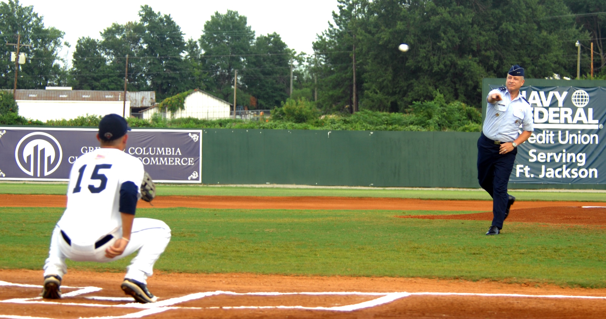 U.S. Air Force Maj. Gen. Lawrence Wells, 9th Air Force commander, throws out the opening pitch at a Columbia Blowfish baseball game during "Team Shaw Appreciation Night", July 21, 2012, Capital City Stadium Columbia, S.C. The "Team Shaw Appreciation Night" began at 7 p.m. with members of Team Shaw headlining the opening ceremonies for the Blowfish's game against the Gastonia Grizzlies. (U.S. Air Force Photo/ Senior Airman Neil D. Warner/Released)



