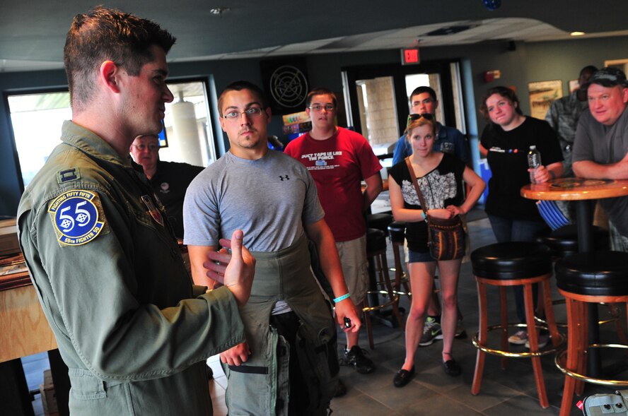 U.S. Air Force Capt. Chris Morton, 55th Fighter Squadron F-16 Fighting Falcon pilot, shows a group of high school students in aviation aerospace summer camp how to put on flight gear, Shaw Air Force Base, S.C., July 18, 2012. The group had the opportunity to tour several places on base to experience how the military works and the role Shaw plays in the big picture. (U.S. Air Force photo by Airman 1st Class Ashley L. Gardner/ Released)