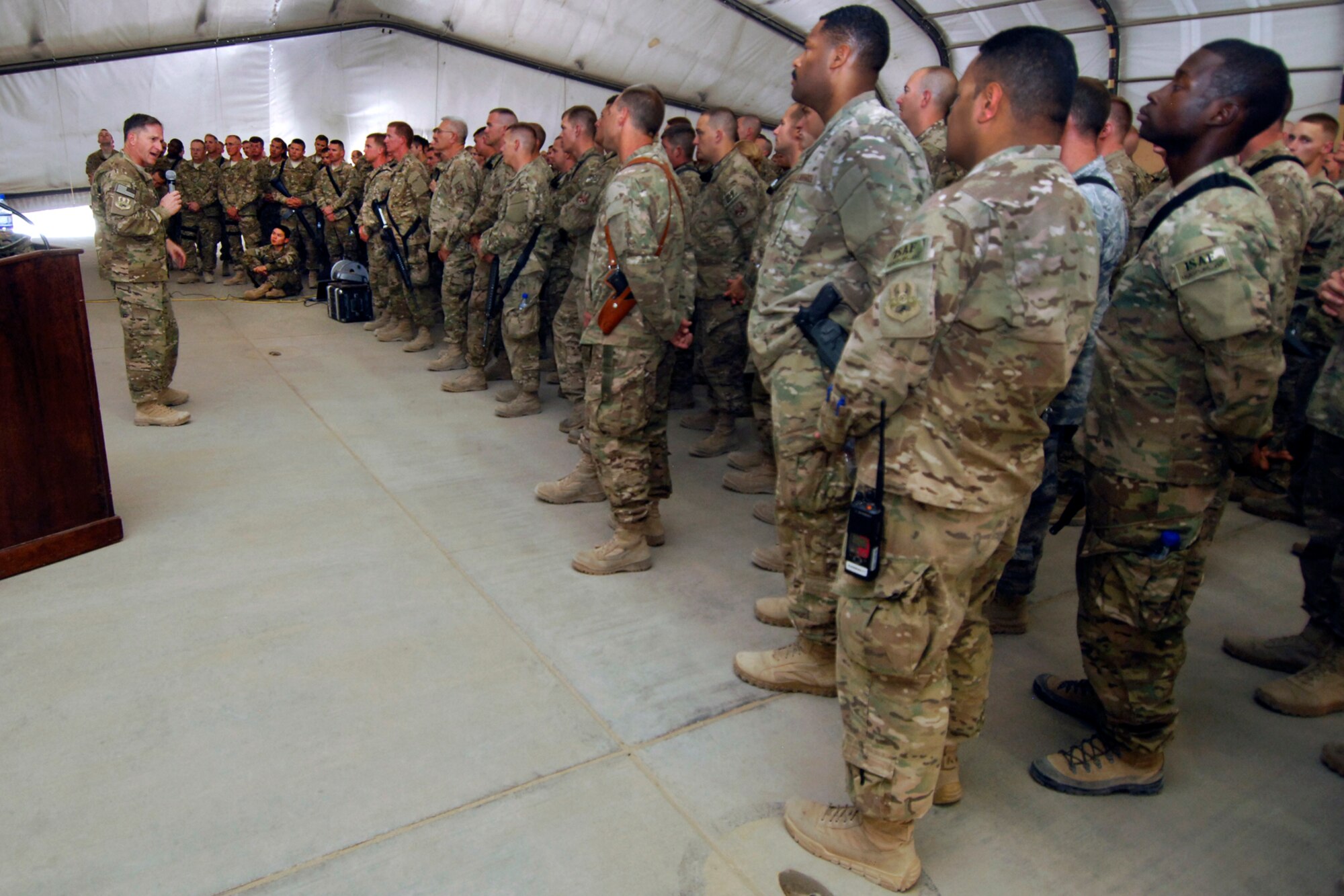 Lt. Gen. David Goldfein, Commander, U.S. Air Forces Central Command, speaks to members of the 455th Expeditionary Maintenance Group during his visit to Bagram Airfield, Afghanistan, July 23, 2012. Goldfein talked about the history of aviation in the U.S. and about pioneers of the aircraft maintenance career field in the Air Force. Goldfein also took time to answer questions regarding the Air Force’s future in foreign campaigns. (U.S. Air Force photo/SSgt Jeff Nevison)