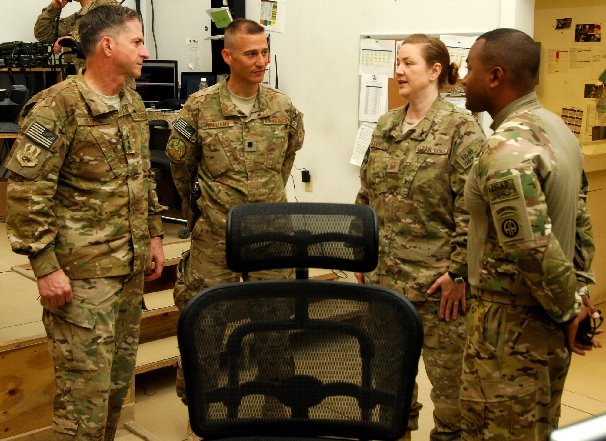 Lt. Gen. David Goldfein, Commander, U.S. Air Forces Central Command, meets with personnel from the 19th Expeditionary Weather Squadron during his visit to Bagram Airfield, Afghanistan, July 23, 2012. Goldfein and 19 EWXS leadership discussed squadron accomplishments as well as future mission plans. (U.S. Air Force photo/SSgt Jeff Nevison)