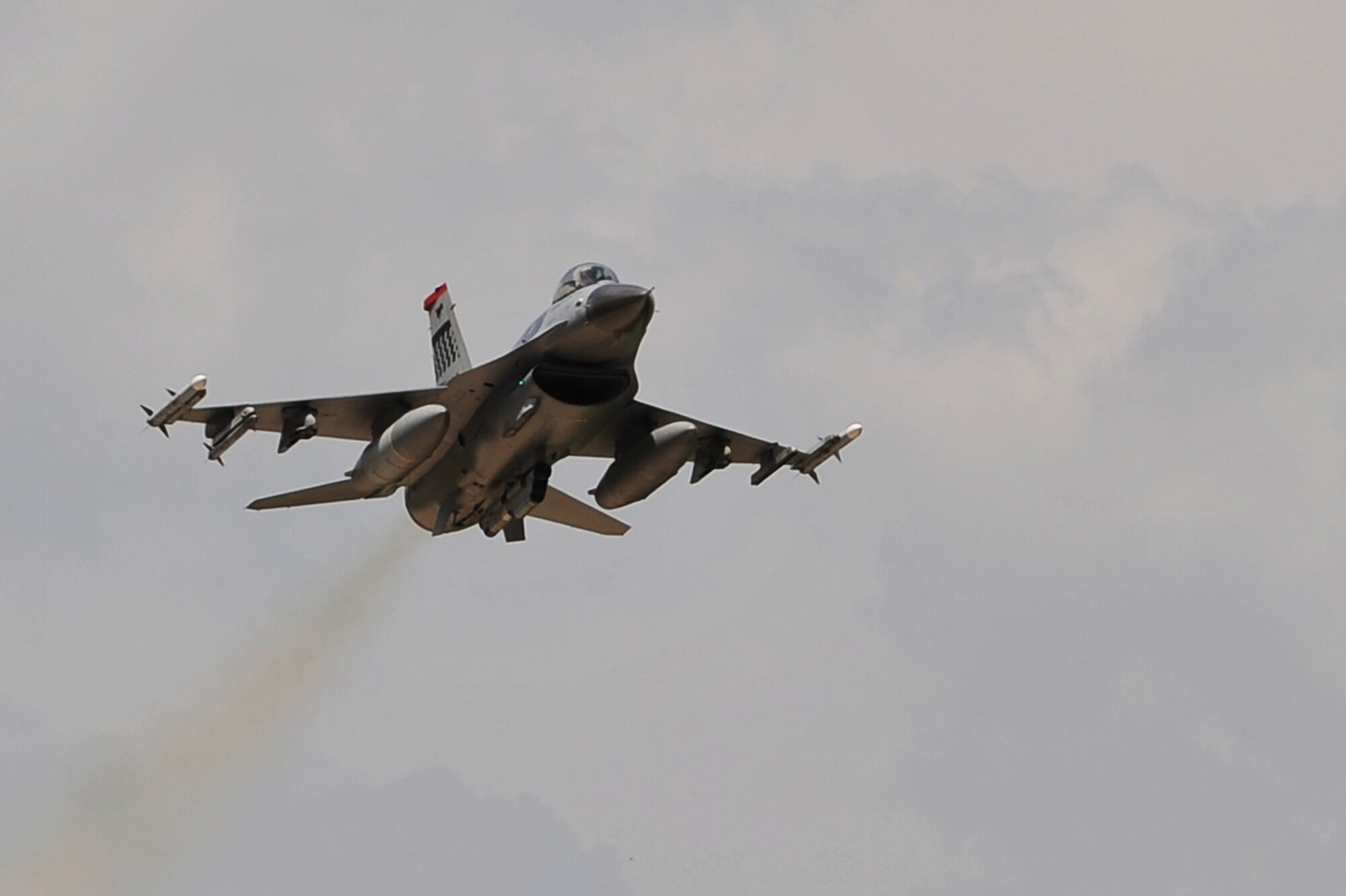 An F-16 Fighting Falcon launches during a combat sortie for operational readiness exercise Beverly Midnight 12-03 from Osan Air Base, Republic of Korea, July 24, 2012. The exercise tests Osan Airmen’s abilities during a heightened state of readiness while providing combat ready forces for close air support, air strike control, counter air, interdiction, theater airlift, and communications in the defense of the Republic of Korea. BM 12-03 is the first ORE following the Consolidated Unit Inspection in April. (U.S. Air Force photo/Staff Sgt. Craig Cisek)