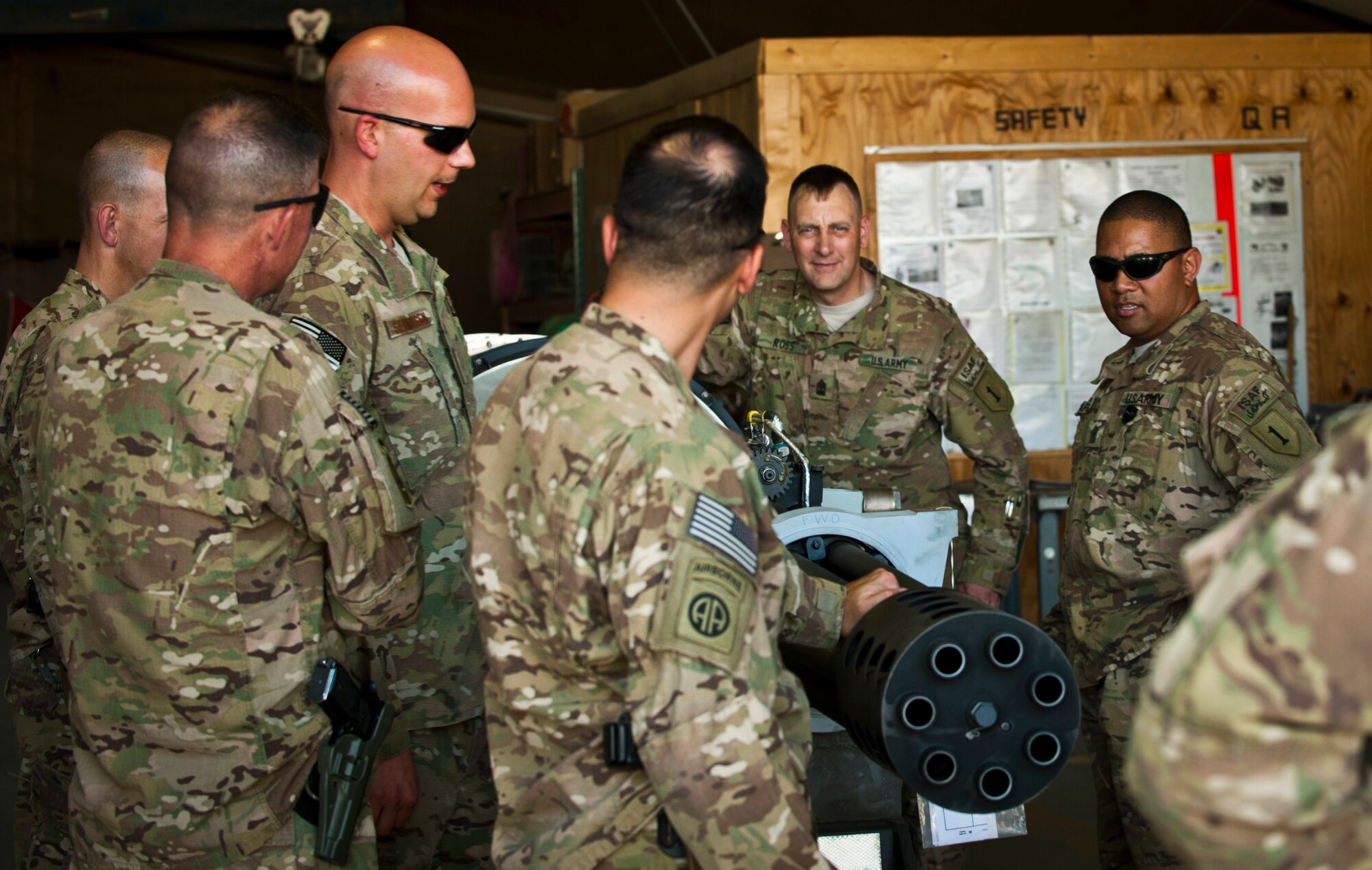 Bagram Airmen introduce a group of senior enlisted leaders to a GAU-8/A ‘Avenger’ cannon during a 455th Air Expeditionary Wing orientation tour at Bagram Airfield, Afghanistan, July 21, 2012. The tour gave Bagram senior enlisted leaders insight into the contributions of Bagram Airmen. (U.S. Air Force Photo/Capt. Raymond Geoffroy)