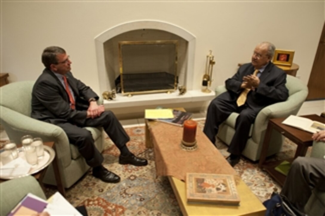 Deputy Secretary of Defense Ashton B. Carter meets with former Indian Ambassador to the U.S. Naresh Chandra in Delhi, India, on July 23, 2012.  India is the fifth stop for Carter in a 10-day Asia-Pacific trip with stops in Hawaii, Guam, Japan, Thailand, and South Korea.  