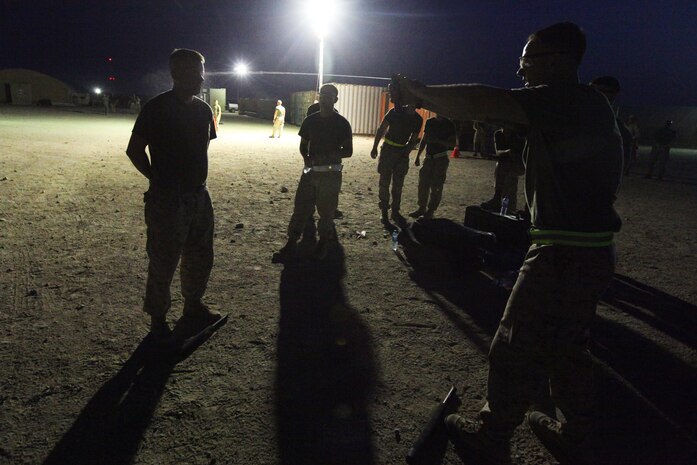 A Marine with Combat Logistics Battalion 24, 24th Marine Expeditionary Unit, sprays a fellow CLB 24 Marine with oleoresin capsicum spray, or OC spray, during a level one OC spray certification in Kuwait, July 17, 2012. The Marines are in Kuwait conducting a variety of sustainment training exercises that started in early June and will continue throughout the summer months. The 24th MEU is deployed with the Iwo Jima Amphibious Ready Group as a U.S. Central Command theater reserve force providing support for maritime security operations and theater security cooperation efforts in the U.S. 5th Fleet area of responsibility.