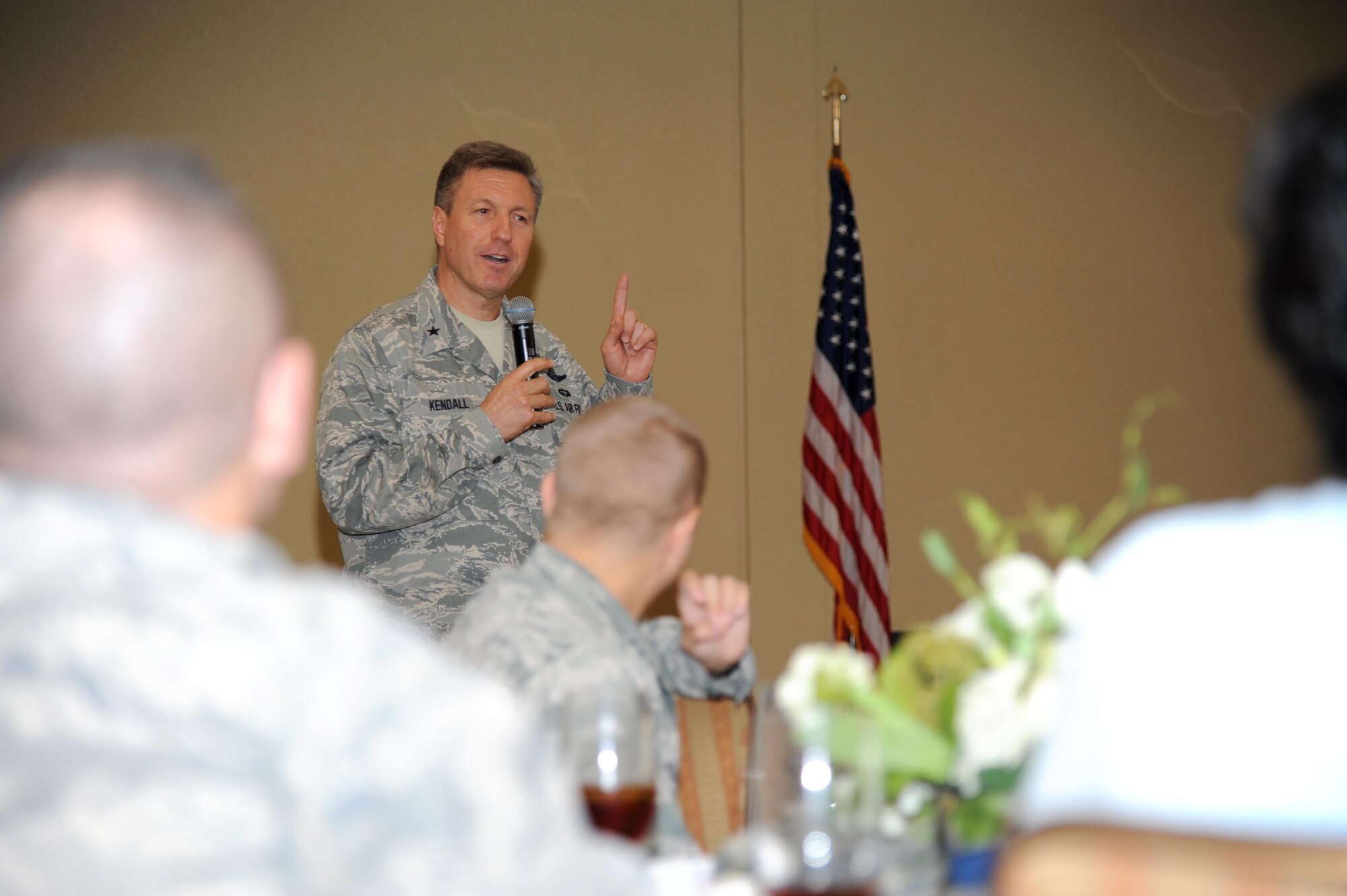 Brig. Gen. Jeffrey Kendall, Warfighter Systems Integration director, at the Pentagon, delivers remarks at the Armed Forces Communications and Electronics Association luncheon July 25, 2012, at the Bay Breeze Event Center, Keesler Air Force Base, Miss.  The Gulf Coast AFCEA chapter also received the model chapter of the year award, which recognizes the top overall chapter structure and program of activities for the year.  (U.S. Air Force photo by Kemberly Groue)