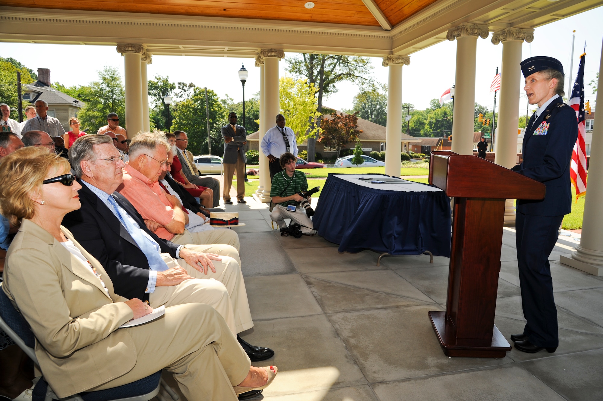 U.S. Air Force Col. Jeannie Leavitt, 4th Fighter Wing commander, speaks at a ceremony where N.C. Governor Bev Perdue signed House Bill 799 at the Wayne County Veterans Memorial in downtown Goldsboro, N.C. July 24, 2012. This legislation makes it easier for military members, spouses and veterans to obtain the necessary occupational licenses required to work in the state. (U.S. Air Force photo/Tech. Sgt. Colette Graham/Released)
