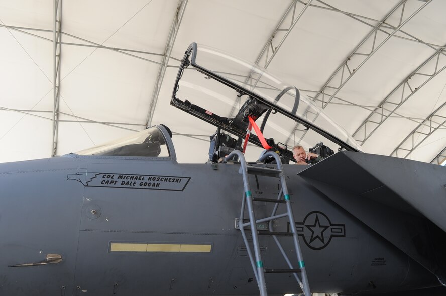 U.S. Air Force Maj. Gen. Lawrence Wells prepares to ride in an F-15E Strike Eagle during a tour on Seymour Johnson Air Force Base, N.C., July 16, 2012. The general toured various work centers around the base for a first-hand view of how Airmen at the 4th Fighter Wing carry out the Air Combat Command mission. (U.S. Air Force photo/Senior Airman Gino Reyes/Released)