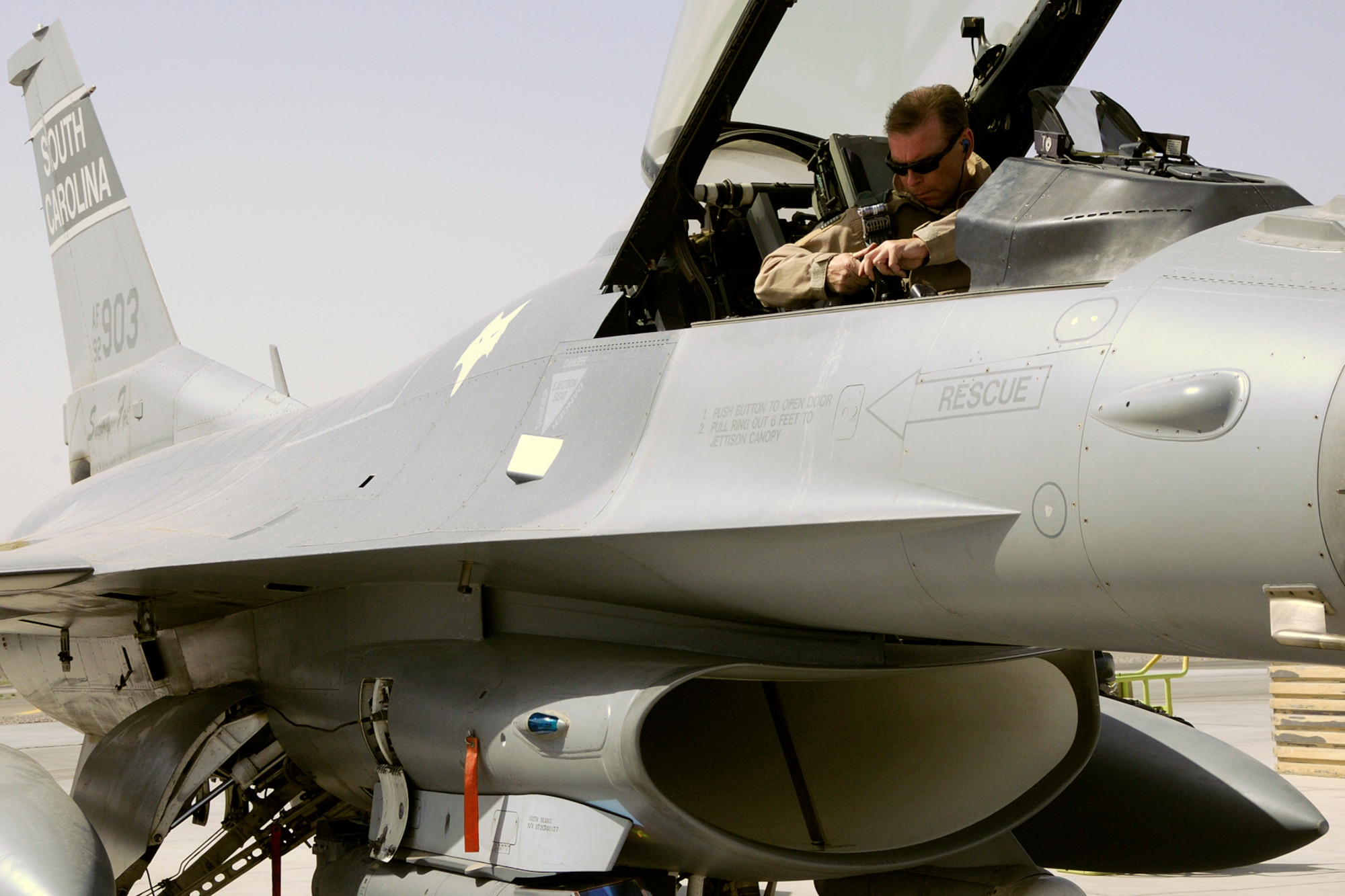 Colonel David Meyer, Vice Commander assigned to the 451st Expeditionary Operations Group at Kandahar Airfield, Afghanistan, prepares to launch an F-16 Fighting Falcon for a mission 18 May, 2012. Personnel are deployed from McEntire Joint National Guard Base, S.C., in support of Operation Enduring Freedom. Swamp Fox F-16's, pilots, and support personnel began their Air Expeditionary Force deployment early April to take over flying missions for the air tasking order and provide close air support for troops on the ground in Afghanistan.
(U.S. Air Force photo/Tech. Sgt. Caycee Cook)
