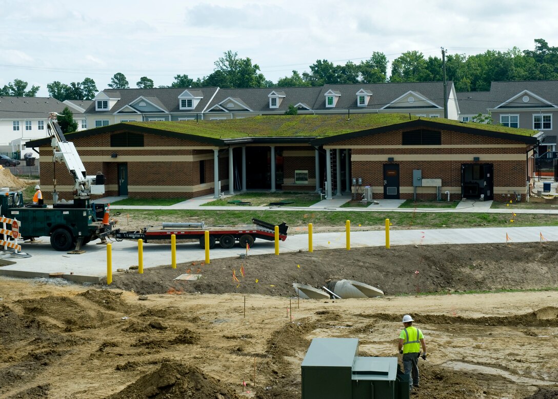 The newly-installed Soldier and Family Assistance Center vegetated roof protects the building from direct weather and environmental elements July 12, 2012, at Fort Eustis, Va. The SFAC’s vegetated roof also minimizes storm water runoff, and mitigates urban “heat island” effects by absorbing heat. (U.S. Air Force photo by Senior Airman John D. Strong II / released)