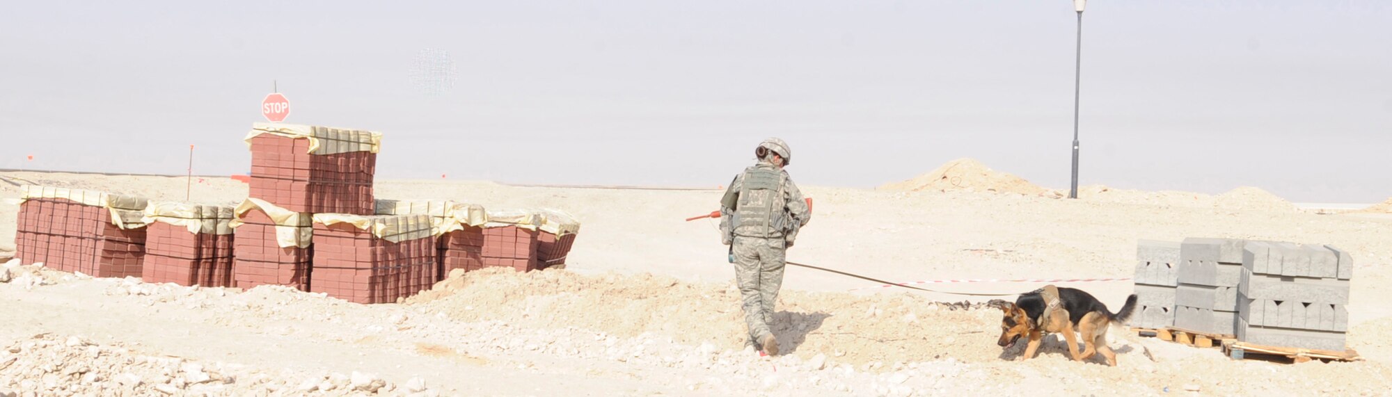 SOUTHWEST ASIA – Senior Airman Jamie Harkin, 386th Expeditionary Security Forces Squadron military working dog handler, guides her dog looking for suspicious packages during an active-shooter exercise here July 23. Exercises such as these help prepare Airmen for real-world scenarios. (U.S. Air Force photo/Staff Sgt. Alexandra M. Boutte)
