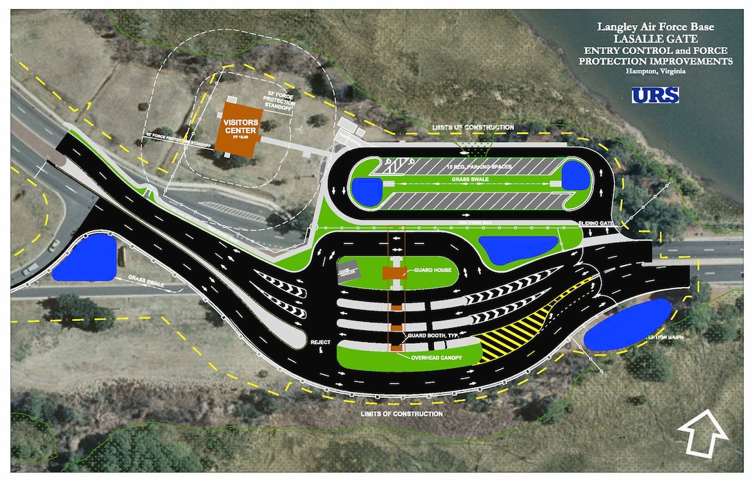 This rendering shows the final plans for the new Visitor Center and traffic flow at the LaSalle Avenue Gate at Langley Air Force Base, Va. Construction will close the gate for approximately six months. (Graphic courtesy of 633rd Civil Engineer Squadron)