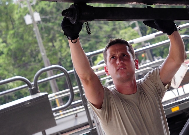 Senior Airman Chase Wood, 437th Aerial Port Squadron journeyman from Joint Base Charleston, S.C., takes down the maintenance stand on a 60K Tunner loader, July 17, 2012, at Joint Base Charleston – Air Base, S.C. The 437th APS provides out-load support for the nation’s premier rapid deployment forces: XVIII Airborne Corps, 82nd Airborne Division, Joint Special Operations Command and 43rd Airlift Wing. The squadron is prepared to meet short-notice, worldwide mobility taskings in support of national objectives, and plans and executes support for more than 50 percent of all joint airborne/air transportability training missions flown by Air Mobility Command/Reserve forces in support of Joint Operations. (U.S. Air Force photo/ Airman 1st Class Chacarra Walker)