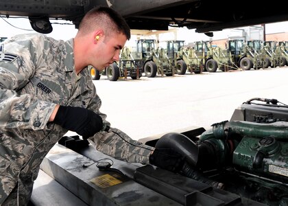 Senior Airman Kyle Greer, 437th Aerial Port Squadron journeyman, checks the oil on a 60K Tunner loader, July 17, 2012, at Joint Base Charleston – Air Base, S.C. The 437th APS provides out-load support for the nation’s premier rapid deployment forces: XVIII Airborne Corps, 82nd Airborne Division, Joint Special Operations Command and 43rd Airlift Wing. The squadron is prepared to meet short-notice, worldwide mobility taskings in support of national objectives, and plans and executes support for more than 50 percent of all joint airborne and air transportability training missions flown by Air Mobility Command/Reserve forces in support of Joint Operations. (U.S. Air Force photo/ Airman 1st Class Chacarra Walker)