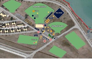 This map shows where each event will take place during Langley-Eustis Appreciation Day August 3. In addition to the events listed, an Airmen-versus-chiefs tug-of-war will take place. (Courtesy graphic)