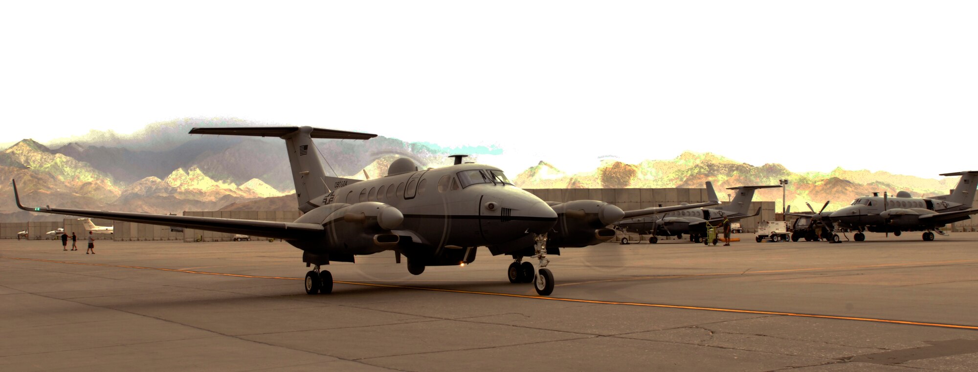 An MC-12 taxis to the runway at Bagram Airfield, Afghanistan, June 28, 2012. The MC-12s are currently the most tasked manned airframe in the Air Force and have the highest operations tempo as far as dwell ratios go. (U.S. Air Force photo/Staff Sgt. Jeff Nevison)