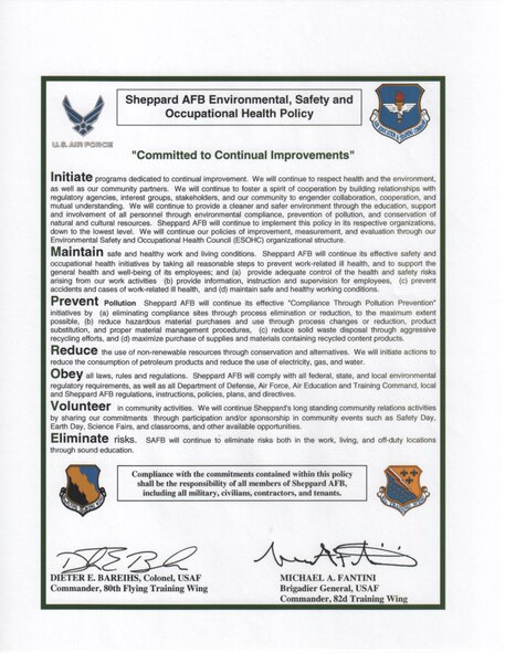 Sheppard AFB Environmental, Safety and Occupational Health Policy