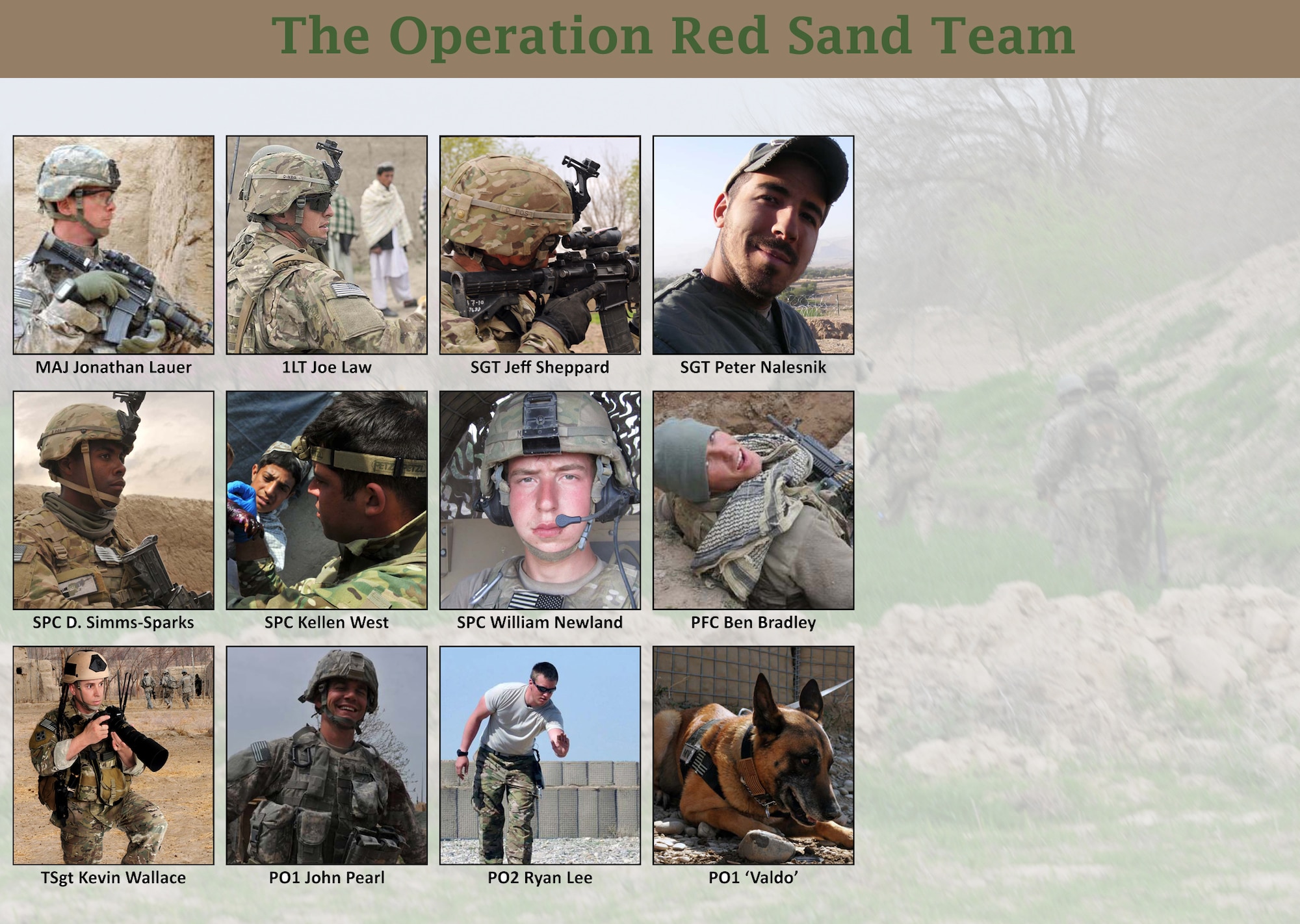 BALA MURGHAB, Afghanistan – A profile of the team of U.S. Army scouts and attachments who fought at Operation Red Sand, Bala Murghab District, Badghis Province, Afghanistan. Five Service members were wounded in the mission, including: Tech. Sgt. Kevin Wallace, military working dog Petty Officer 1st Class ‘Valdo,’ Petty Officer 2nd Class Ryan Lee, Sgt. Jeff Sheppard and Pfc. Ben Bradley. (U.S. Air Force illustration/Master Sgt. Kevin Wallace)
