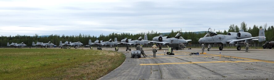 EIELSON AIR FORCE BASE, Alaska – A member of the 442nd Maintenance Squadron marshals in an A-10 Thunderbolt II aircraft after its return from a mission here, July 18, 2012. The 442 FW, is an Air Force Reserve Unit, from Whiteman Air Force Base, Mo. deployed here for training.(U.S. Air Force photo/Staff Sgt. Lauren Padden)
