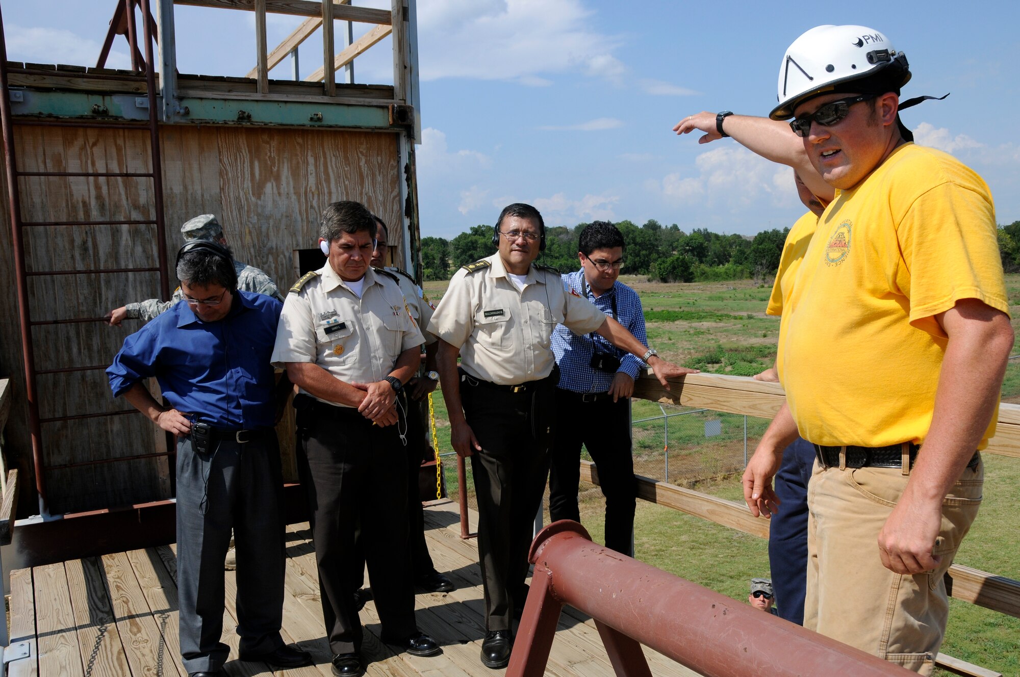 Guatemalan military leaders visit the 188th Fighter Wing’s Regional Training Site July 11 and observe the diverse array of training available for firefighters and emergency managers at the location. (National Guard photo by Airman 1st Class Hannah Landeros/188th Fighter Wing Public Affairs)