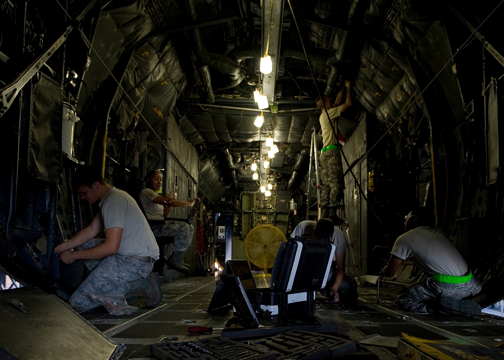 Airmen from the 317th Maintenance Squadron perform an isochronal inspection on a C-130H July 20, 2012, at Dyess Air Force Base, Texas. During the inspection, Airmen took the aircraft apart to check for cracks, damages and worn parts. Once the aircraft is repaired, servicemembers put it back together and ensure everything works properly. The ISO inspection on aircraft 73-1598 marks the last time a C-130H will be inspected at Dyess.  The H-model era will come to an end later this year when the last C-130H will be withdrawn from service at Dyess. The fleet of 33 H-models will be replaced with 28 new C-130Js, making the 317th Airlift Group the largest J-model unit in the world. (U.S. Air Force photo by Airman 1st Class Damon Kasberg/Released)