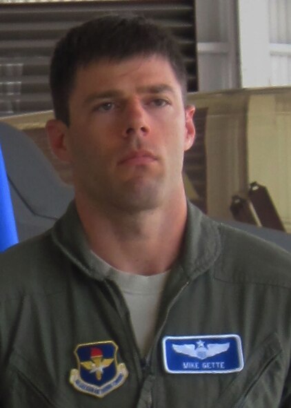 Maj. Michael Gette, a 58th Fighter Squadron pilot, received the Bronze Star Medal, July 23 for actions during his deployment. Gette was directly responsible for helping the initial fielding of the BLU-129, a very low collateral damage weapon developed at Eglin’s Air Armament Center, which decreased the risk to ground forces by 50 percent. (U.S. Air Force photo by 1st Lt. Christina Lilly)