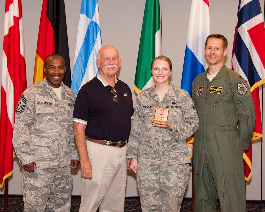 Mr. Mike Winslow an Air Force Association chapter representative, presented the 2012 Texas Air Force Association Outstanding Airman of the Year award to Senior Airman Desiree Straughn, at a luncheon at the Sheppard Club July 25.
