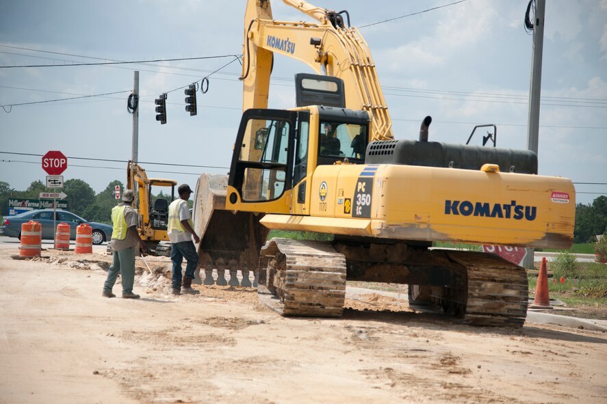 Contractors work on Roberts Road outside of Moody Air Force Base, Ga., July 25, 2012. The road will lead to Moody’s new Commercial Gate and will feature sidewalks and traffic lights. The new gate is projected to open by the end of August. (U.S. Air Force photo by Airman 1st Class Paul Francis/Released)
