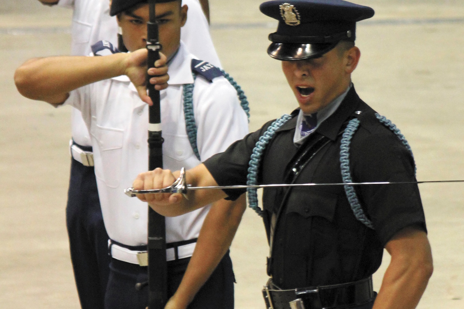 Marcus Zapata, commander of the John Jay High School Silver Eagles Armed Drill Team, gives a command during the U.S. Nationals High School Armed Drill Team competition. The Silver Eagles competed against more than 20 Junior Reserve Officer Training Corps drill teams from all service branches in one of the nation’s largest collections of drill and ceremony talent, taking home the title of national champions. (Courtesy photo)