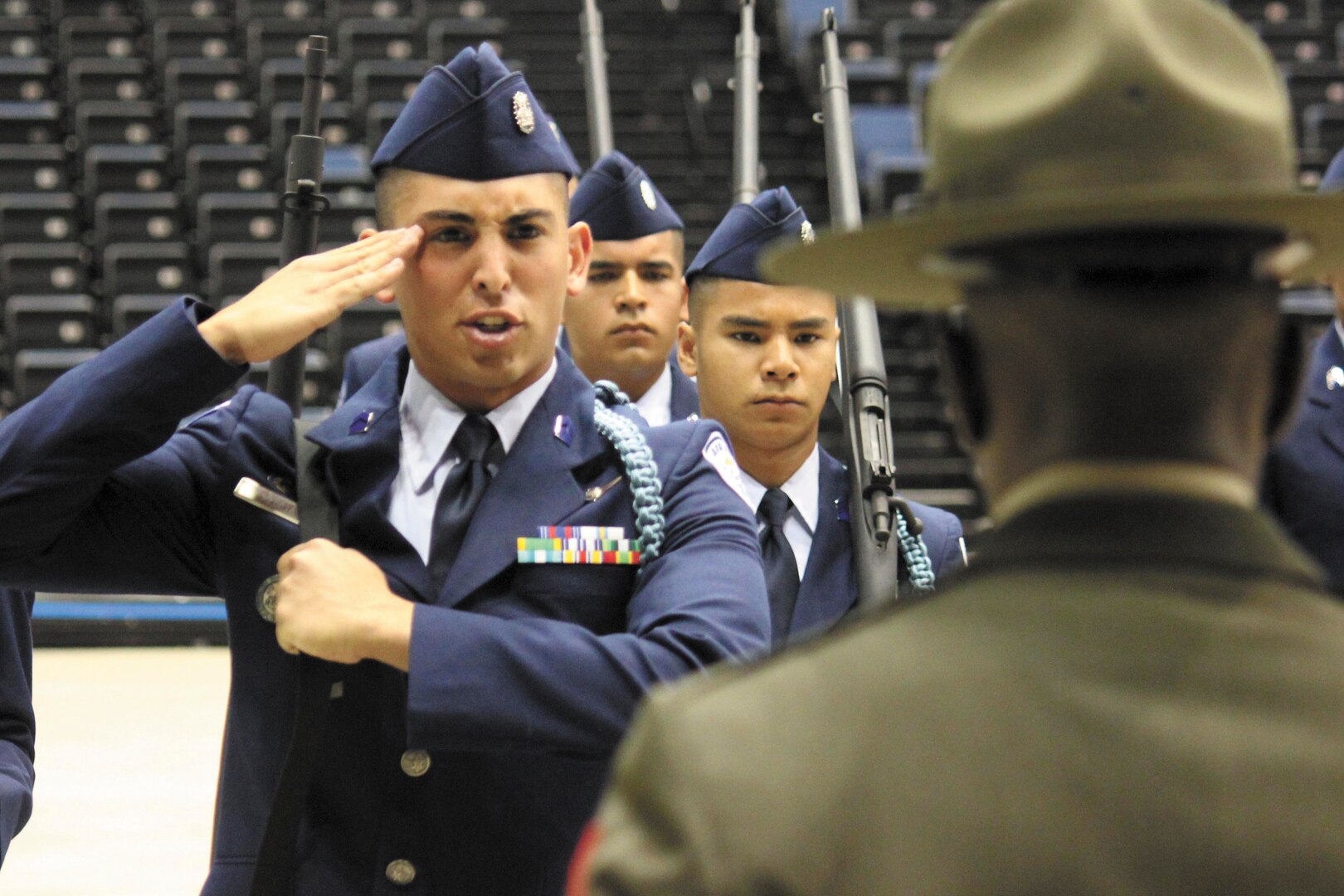 Marcus Zapata, commander of the John Jay High School Silver Eagles Armed Drill Team, salutes a judge during the U.S. Nationals High School Armed Drill Team competition. The Silver Eagles from San Antonio competed against more than 20 JROTC drill teams and won. (Courtesy photo)