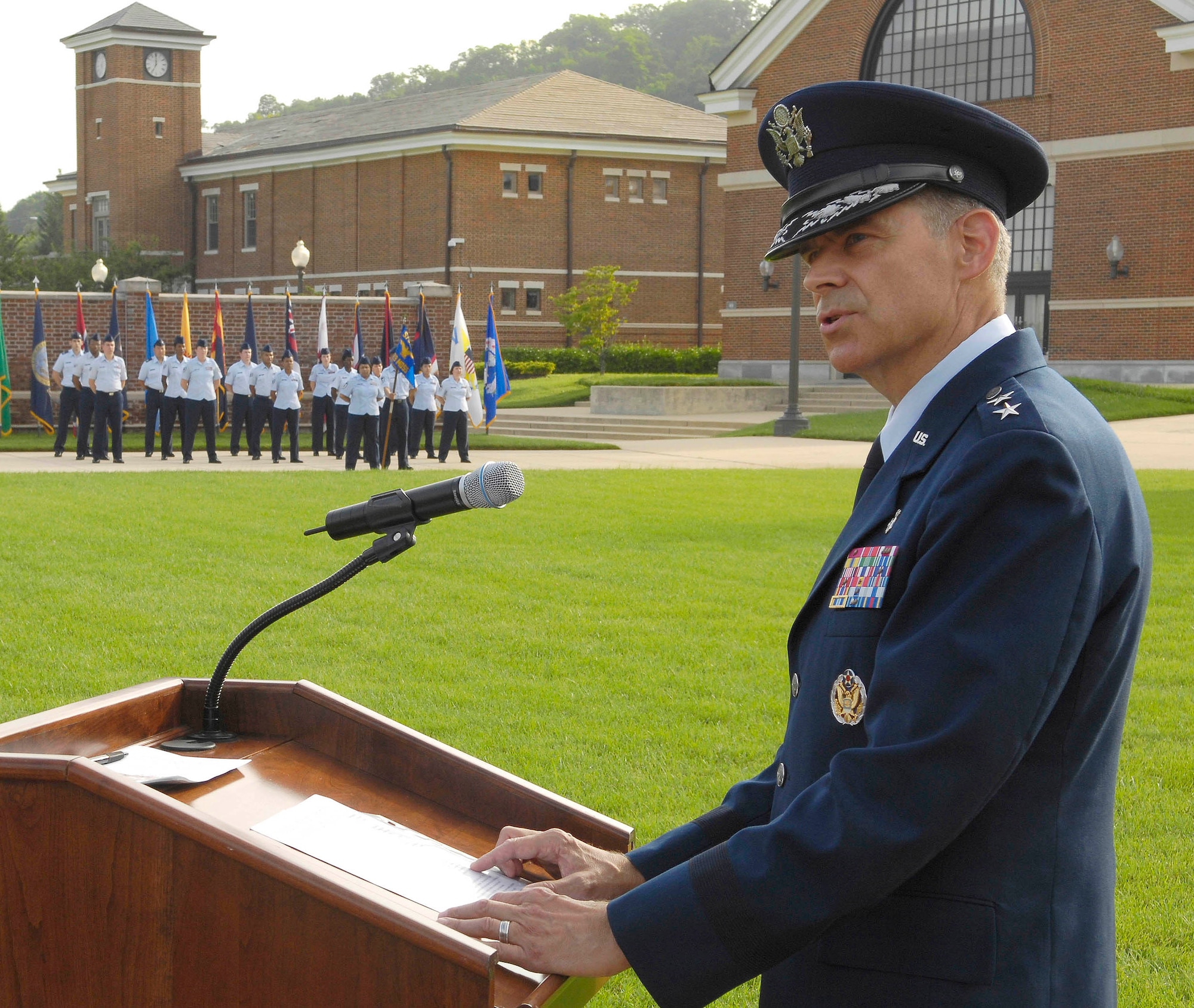 Maj. Gen. Gerard Caron, 79th Medical Wing commander, speaks to those in attendance during the 579th Medical Group Change of Command ceremony July 23 on the U.S. Air Force Ceremonial Lawn at Joint Base Anacostia-Bolling, Washington, D.C. (U.S. Air Force photo by Senior Airman Steele C. G. Britton)