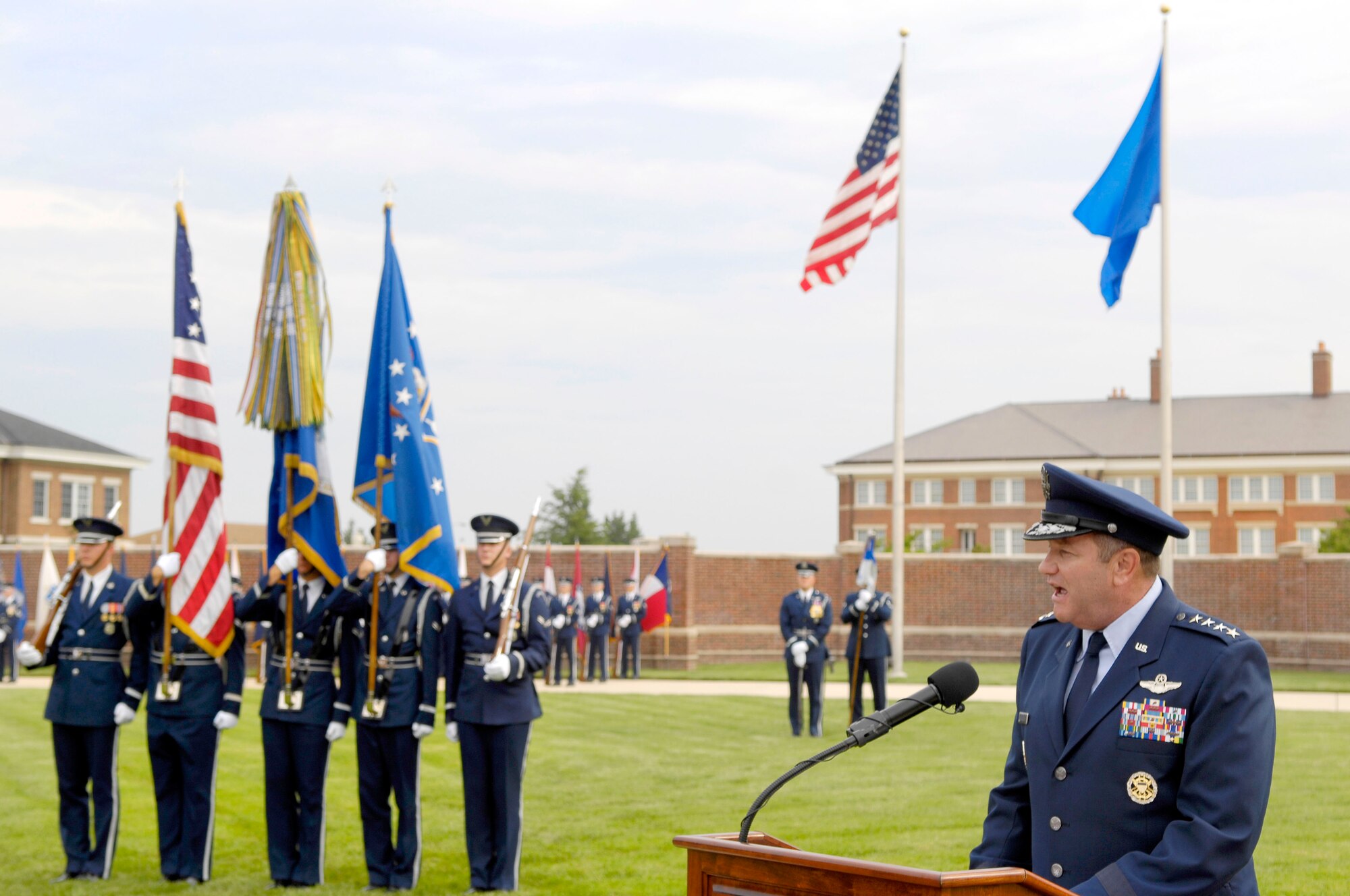 Air Force Vice Chief of Staff Gen. Philip Breedlove speaks during the Air Force District of Washington change of command July 26 at Joint Base Anacostia-Bolling, Washington, D.C. During the ceremony Maj. Gen. Sharon Dunbar assumed command from outgoing commander Maj. Gen. Darren McDew. (U.S. Air Force photo by Senior Airman Steele C. G. Britton)
