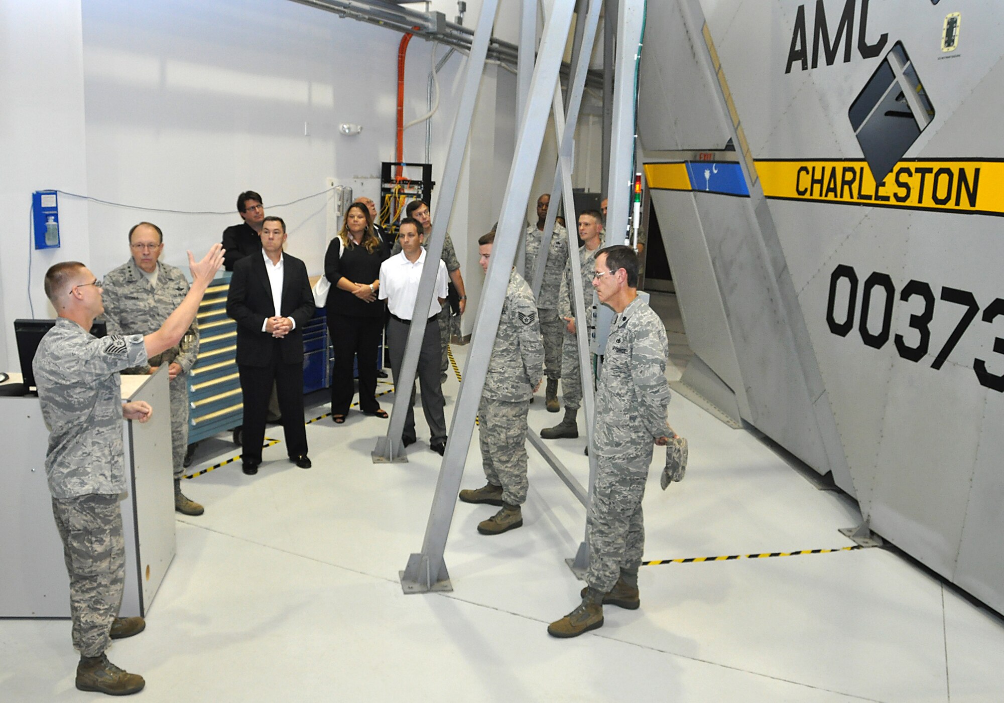 Lt. Gen. Charles Stenner, Air Force Reserve Chief visited Joint Base Charleston July 25 to sign an Employer Support of Guard and Reserve statement of support with Boeing. While at the base the general toured the Field Training Detachment. There, reservists and active duty airmen demonstrated various C-17 mockup training equipment, which includes a fully operational cockpit that allows trainer to introduce faults into the system for maintenance workers to troubleshoot.  FTD also has complete engine assemblies, operational landing gear systems, tail structures and more.
ESGR is a Department of Defense Agency that seeks to promote a culture which all American employers will value the support the military service of their employees and in this case, future employees. (U.S. Air Force photo / Michael Dukes)
