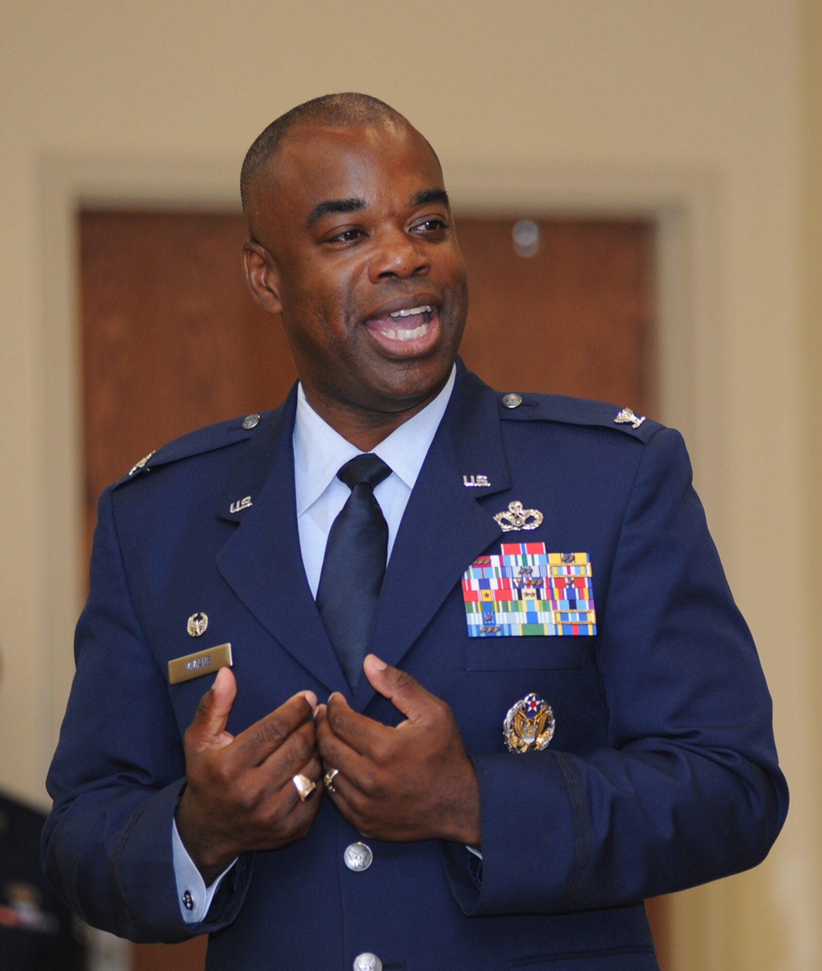 Col. Mark Vivians, 81st Mission Support Group commander, delivers remarks during the 81st MSG change of command July 2, 2012 at the Bay Breeze Event Center, Keesler Air Force Base, Miss.  Vivians came to Keesler from Joint Base Andrews, Maryland, where he served as commander for the 11th Civil Engineer Squadron.  (U.S. Air Force photo by Kemberly Groue)