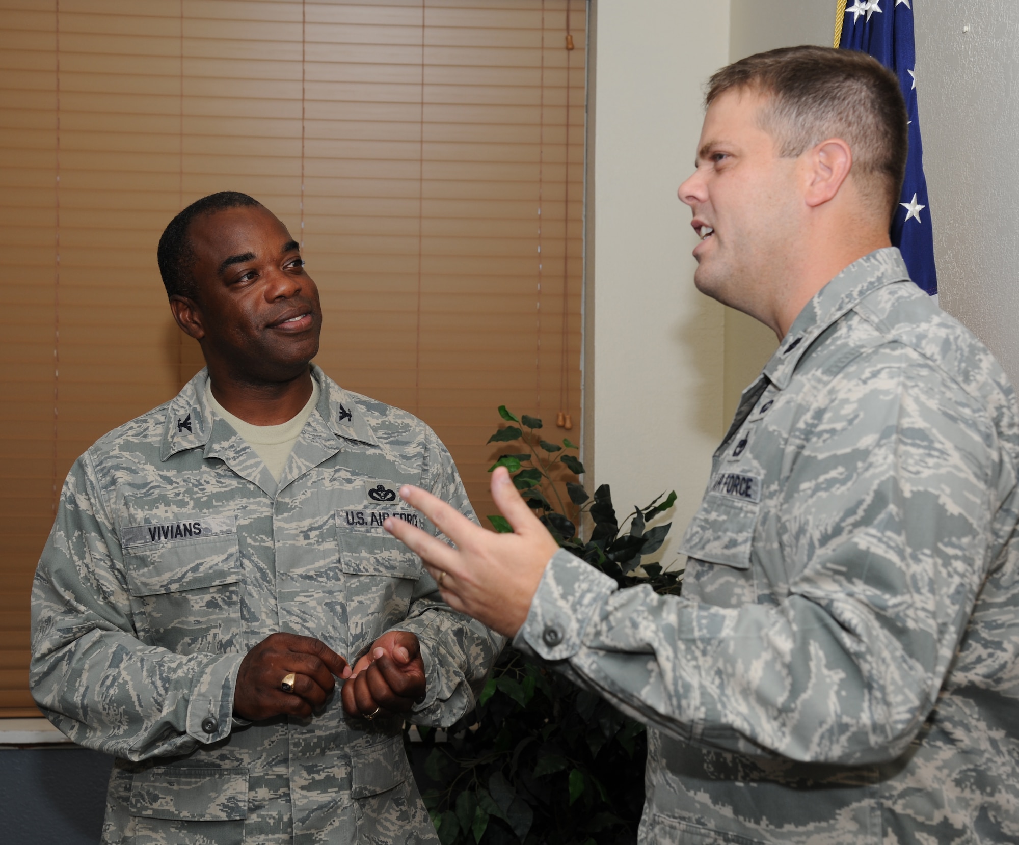 Col. Mark Vivians, 81st Mission Support Group commander, receives a briefing from Lt. Col. Duff Wier, 81st Logistics Readiness Squadron commander, on the  81 LRS capabilities and responsibilities July 24, 2012, at Keesler Air Force Base Miss.  The briefing was part of Vivians’ immersion tour after assuming command July 2.  (U.S. Air Force photo by Kemberly Groue)