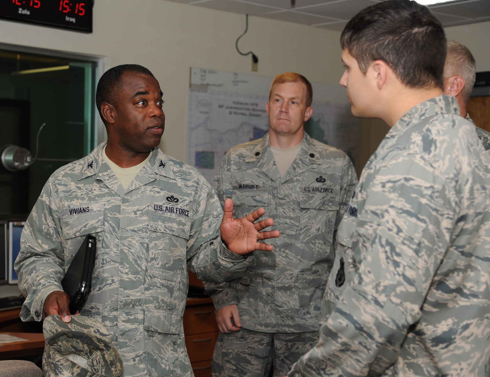 Col. Mark Vivians, 81st Mission Support Group commander, tours the 81st Security Forces Squadron with Lt. Col. Jonathan Wright, 81st MSG deputy commander and Capt. Christopher Porta, 81st SFS, July 24, 2012, at Keesler Air Force Base Miss. The visit was part of Vivians’ immersion tour after assuming command July 2.  (U.S. Air Force photo by Kemberly Groue)