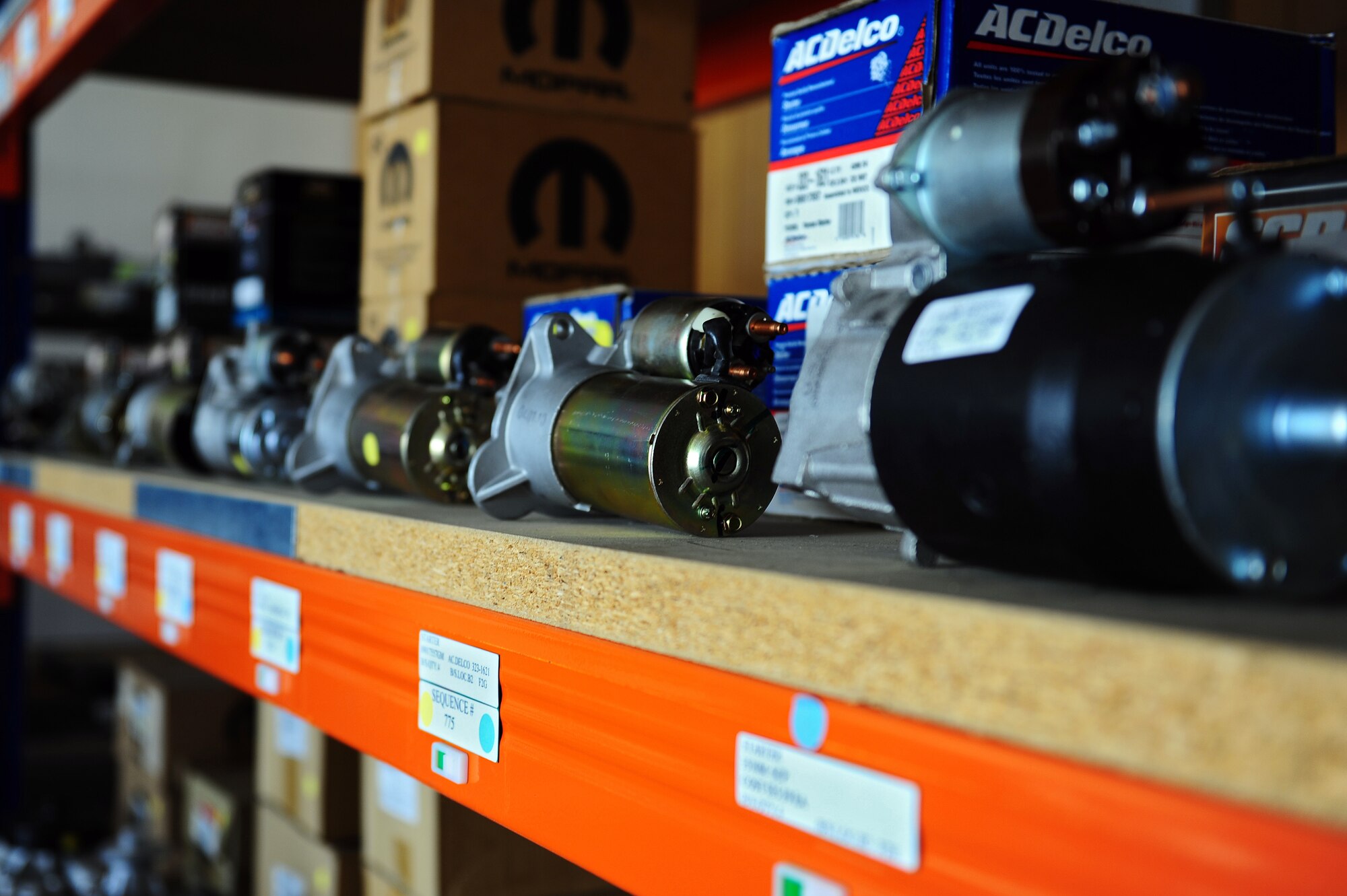 View of vehicle starters in the bench stock room at the 86th Vehicle Readiness Squadron General Purpose Light shop on Ramstein Air Base, Germany, July 12, 2012. The 43 members of GP Light work hard year-round to provide premier full-service vehicle operations and management support to members of Team Ramstein and associate units across Europe and Africa. (U.S. Air Force photo/Airman 1st Class Holly Cook)