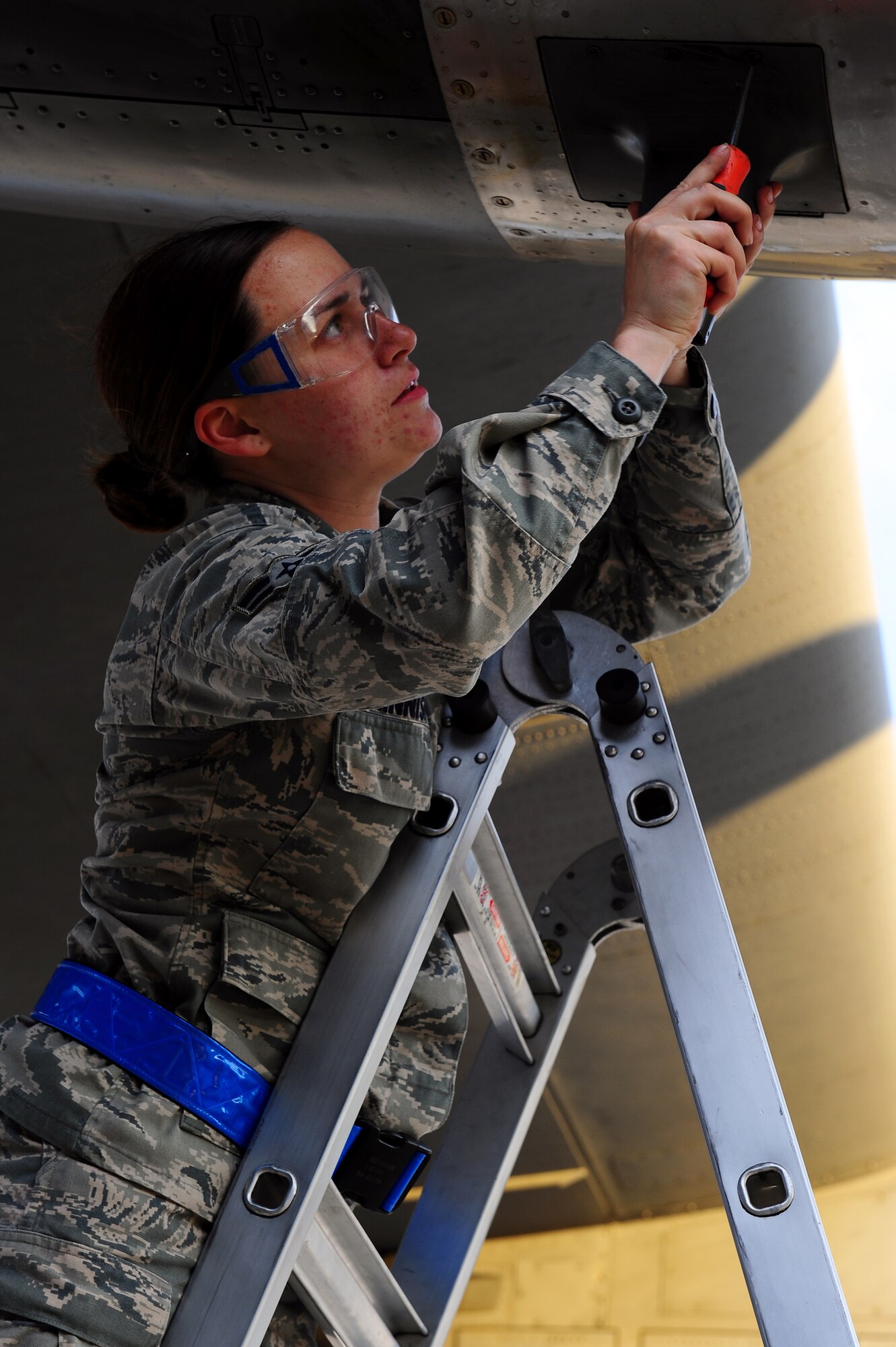 Airman 1st Class Jamie Minnsh, 86th Aircraft Maintenance Squadron C-130J crew chief, checks for a leak in the number two engine on a C-130J at the flightline on Ramstein Air Base, Germany, July 11, 2012. The members of the 86 AMXS safely, reliably, and compliantly provide combat-ready C-130J, Designated Visitor Operational Support aircraft and equipment to support European Command, Central Command, and African Command mission taskings. (U.S. Air Force photo/Airman 1st Class Holly Cook)