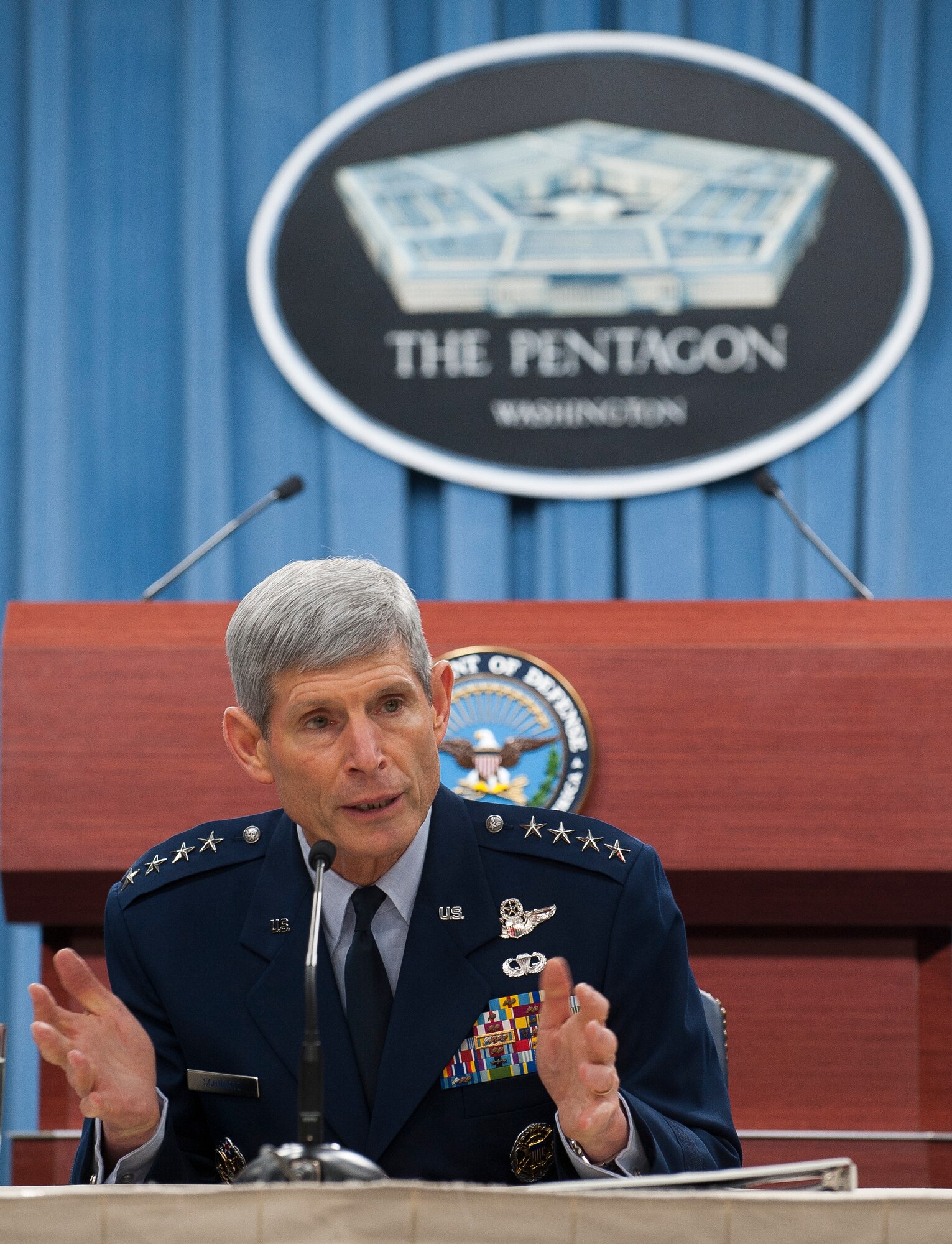 Air Force Chief of Staff Gen. Norton Schwartz responds to questions in the Pentagon on July 24, 2012,  to discuss Air Force accomplishments during his time as Chief of Staff. Schwartz also spoke about data indicating the cause of the F-22 Raptor's hypoxia-related incidents. (U.S. Air Force photo/James Varhegyi)