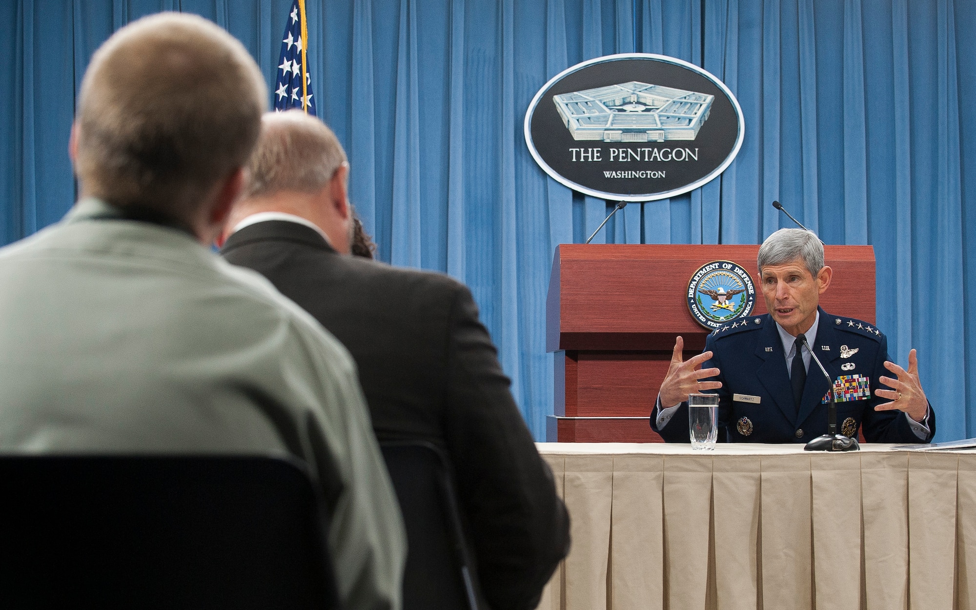Air Force Chief of Staff Gen. Norton Schwartz responds to questions in the Pentagon on July 24, 2012, during a media availability to discuss Air Force accomplishments during his time as Chief of Staff. Schwartz said the Air Force has data indicating the cause of the F-22 Raptor's hypoxia-related incidents stem from the quantity, not the quality, of oxygen available in the cockpit. (U.S. Air Force photo/James Varhegyi)