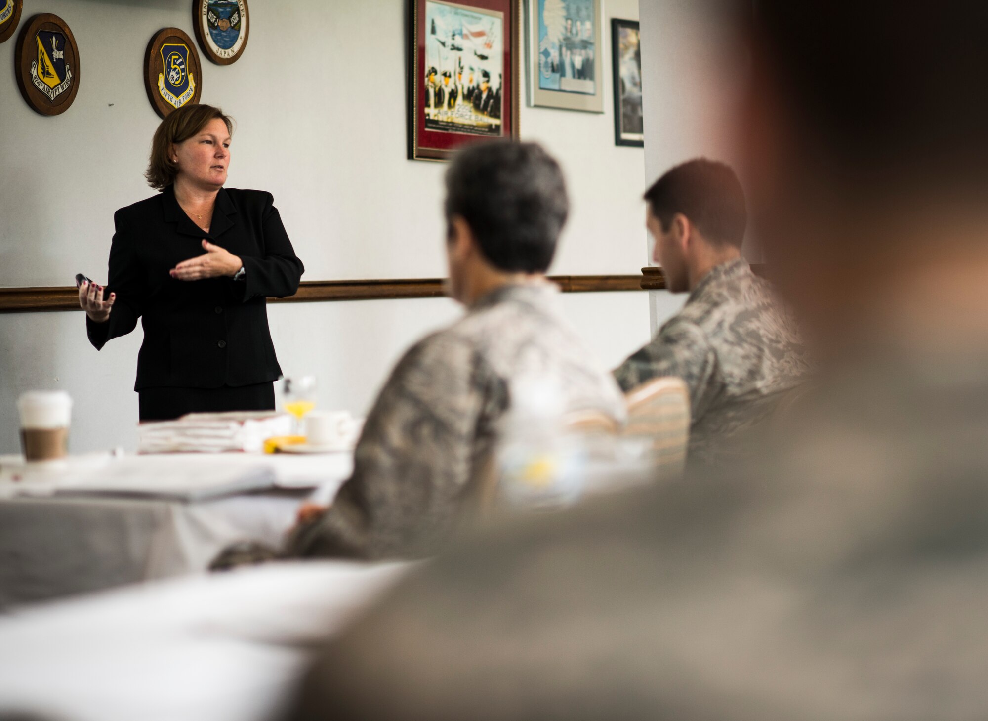 YOKOTA AIR BASE, Japan -- Kathy Malowney, Safety Board President Course instructor, talks to a class of field-grade officers and colonels about interview techniques in the Yokota Enlisted Club Top Three Lounge at Yokota Air Base, Japan, July 26, 2012. Malowney and two other instructors from Kirtland Air Force Base, N.M., came to Yokota to teach the three-day class, certifying 21 officers to preside over Class A aircraft, space and missile mishap investigation boards. (U.S. Air Force photo by Tech. Sgt. Samuel Morse)