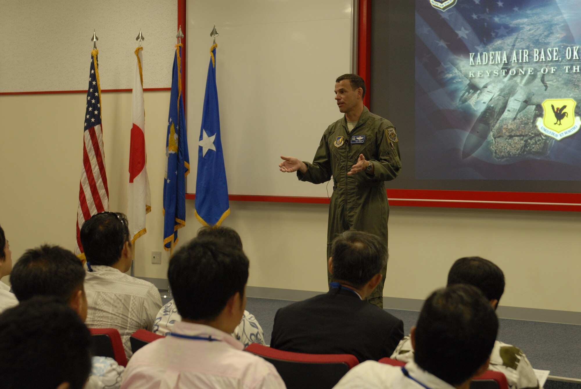 Shinjiro Koizumi, Japan Diet member, and 80 members of Japan’s Liberal Democratic Party meet with Brig. Gen. Matt Molloy, 18th Wing commander, during a visit to Kadena Air Base’s new Professional Military Education Center, July 25, 2012. During the visit, the group received a base tour and learned about Kadena’s strategic importance. Molloy briefed the members about Kadena’s mission to provide unmatched combat power, serve as a power projection platform, and provide for the common defense of Japan. He also discussed how the unit trains bilaterally with the Japan Self Defense Force and how the PME center is used to professionally develop both Japan and American military personnel. The new PME center was built through government of Japan funding. Koizumi is a Lower House member from the 11th Kanagawa Prefectural electorate. He is affiliated with the Liberal Democratic Party and currently serves as director for the Party’s Youth Division, vice chairman of the Committee on Organizations Involved with National Security, and he is a member of the Election Bureau and Diet Affairs Committee. (U.S. Air Force photo/Airman 1st Class Malia Jenkins)  